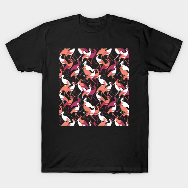 Red amd White Stork Birds on Black Background Color Pattern T-Shirt by FlinArt